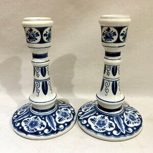 Pair of Vintage Delft Blue Hand Painted Candlestick Holders #827 Made in Holland